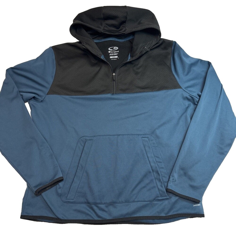 Champion Duo Dry Hoodie Blue Black 1/4 Zip Long Sleeve Pouch Pocket Men's XXL